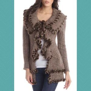 Lapis Brown Ribbed Knit Tiered Faux Fur Cardigan